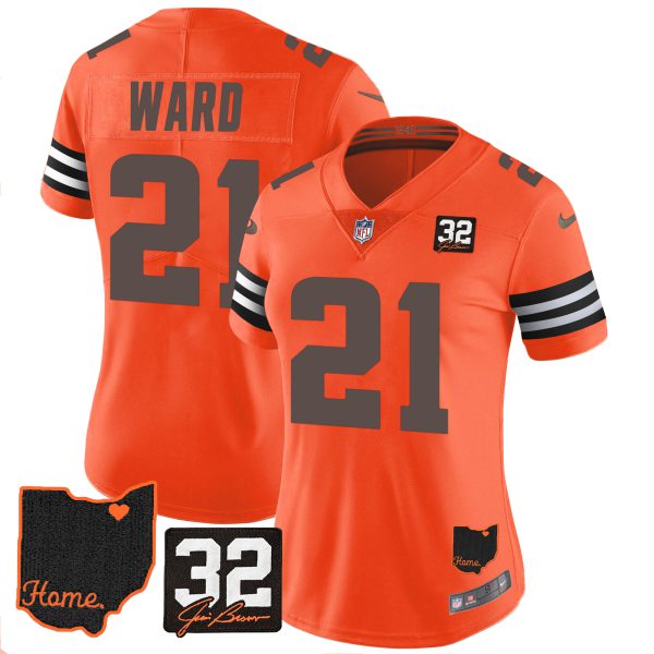 Women's Browns #32 Jim Brown Memorial & Home Patch Jersey V3 - All Stitched - Image 27