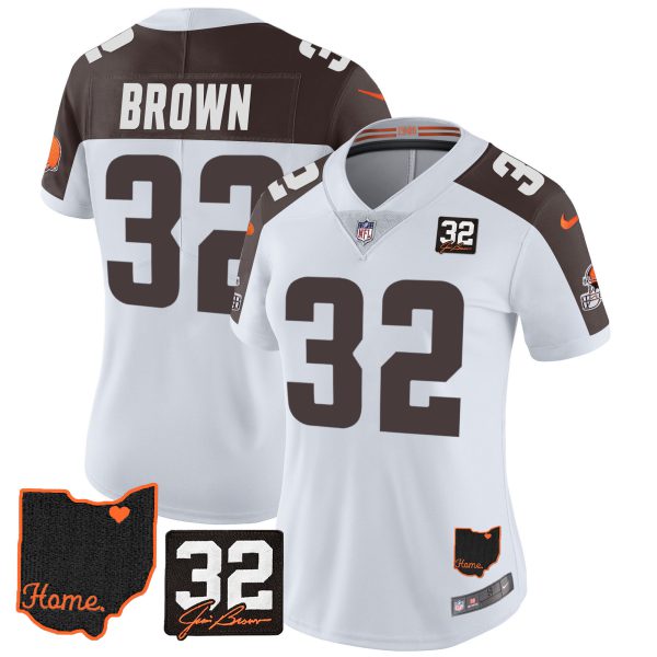 Women's Browns #32 Jim Brown Memorial & Home Patch Jersey V3 - All Stitched - Image 32