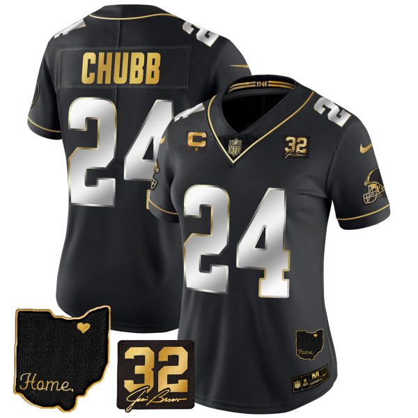 Women's Browns #32 Jim Brown Memorial & Home Patch Gold Jersey - All Stitched - Image 2
