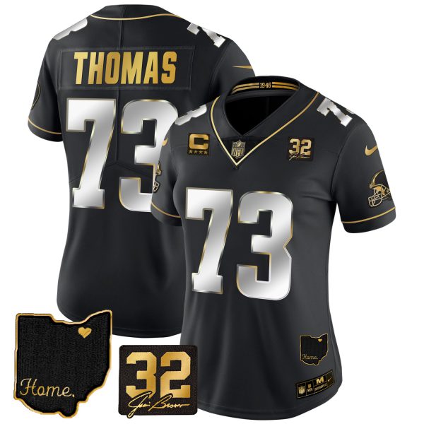Women's Browns #32 Jim Brown Memorial & Home Patch Gold Jersey - All Stitched - Image 3