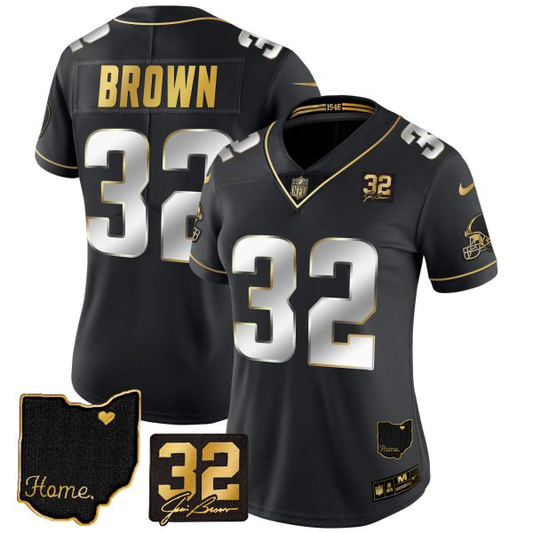 Women's Browns #32 Jim Brown Memorial & Home Patch Gold Jersey - All Stitched - Image 4