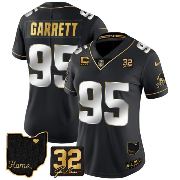 Women's Browns #32 Jim Brown Memorial & Home Patch Gold Jersey - All Stitched - Image 5