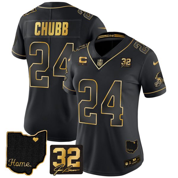Women's Browns #32 Jim Brown Memorial & Home Patch Gold Jersey - All Stitched - Image 8