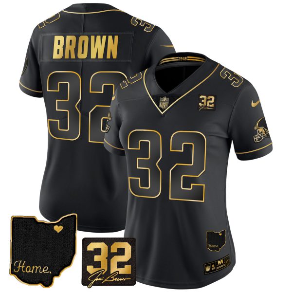 Women's Browns #32 Jim Brown Memorial & Home Patch Gold Jersey - All Stitched - Image 10