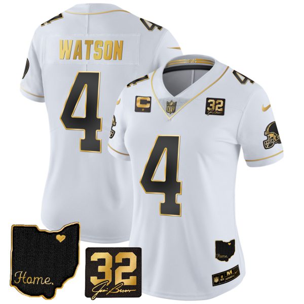 Women's Browns #32 Jim Brown Memorial & Home Patch Gold Jersey - All Stitched - Image 13
