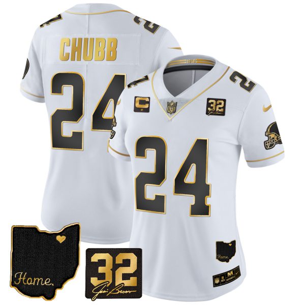 Women's Browns #32 Jim Brown Memorial & Home Patch Gold Jersey - All Stitched - Image 14