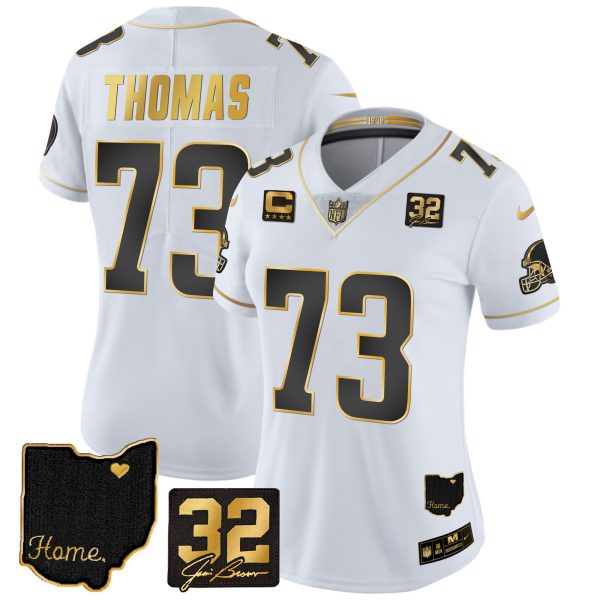 Women's Browns #32 Jim Brown Memorial & Home Patch Gold Jersey - All Stitched - Image 15