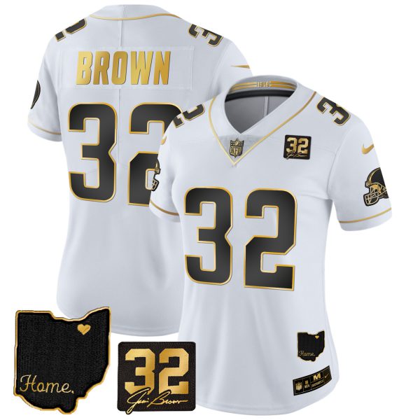 Women's Browns #32 Jim Brown Memorial & Home Patch Gold Jersey - All Stitched - Image 16