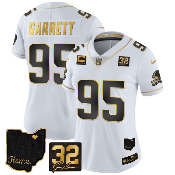 Women's Browns #32 Jim Brown Memorial & Home Patch Gold Jersey - All Stitched - Image 17