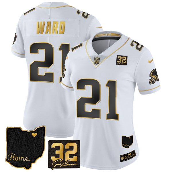 Women's Browns #32 Jim Brown Memorial & Home Patch Gold Jersey - All Stitched - Image 18
