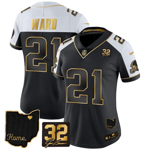 Women's Browns #32 Jim Brown Memorial & Home Patch Gold Jersey - All Stitched - Image 24