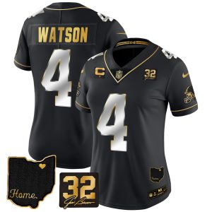 Women's Browns #32 Jim Brown Memorial & Home Patch Gold Jersey - All Stitched