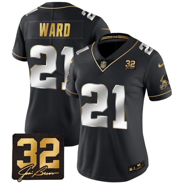 Women's Browns #32 Jim Brown Memorial Patch Gold Jersey - All Stitched - Image 6