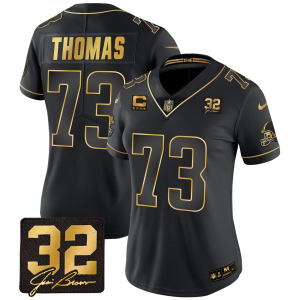 Women's Browns #32 Jim Brown Memorial Patch Gold Jersey - All Stitched - Image 9
