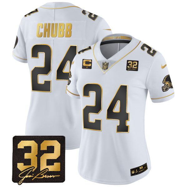 Women's Browns #32 Jim Brown Memorial Patch Gold Jersey - All Stitched - Image 14