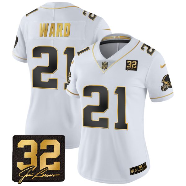 Women's Browns #32 Jim Brown Memorial Patch Gold Jersey - All Stitched - Image 18