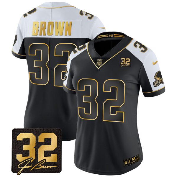 Women's Browns #32 Jim Brown Memorial Patch Gold Jersey - All Stitched - Image 22