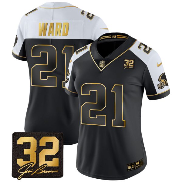 Women's Browns #32 Jim Brown Memorial Patch Gold Jersey - All Stitched - Image 24