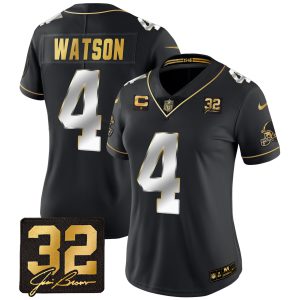 Women's Browns #32 Jim Brown Memorial Patch Gold Jersey - All Stitched