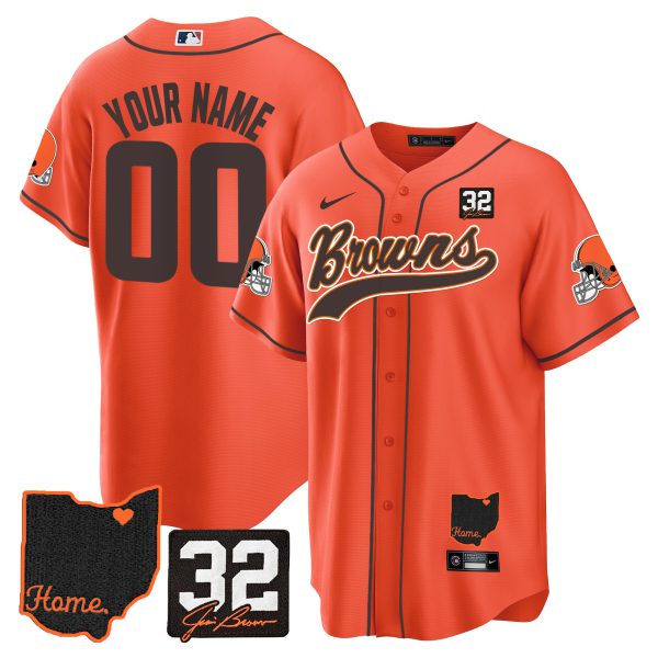 Browns #32 Jim Brown Memorial & Home Patch Baseball Custom Jersey V2 - All Stitched - Image 4