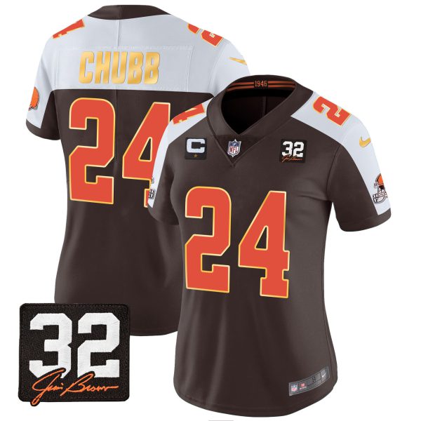 Women's Browns #32 Jim Brown Memorial Patch Gold Trim Jersey - All Stitched - Image 2