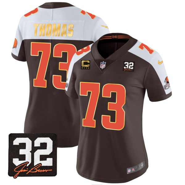 Women's Browns #32 Jim Brown Memorial Patch Gold Trim Jersey - All Stitched - Image 3