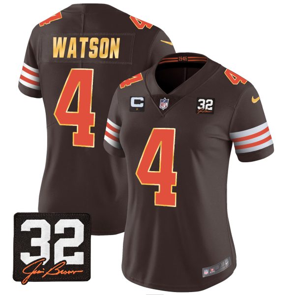 Women's Browns #32 Jim Brown Memorial Patch Gold Trim Jersey - All Stitched - Image 8