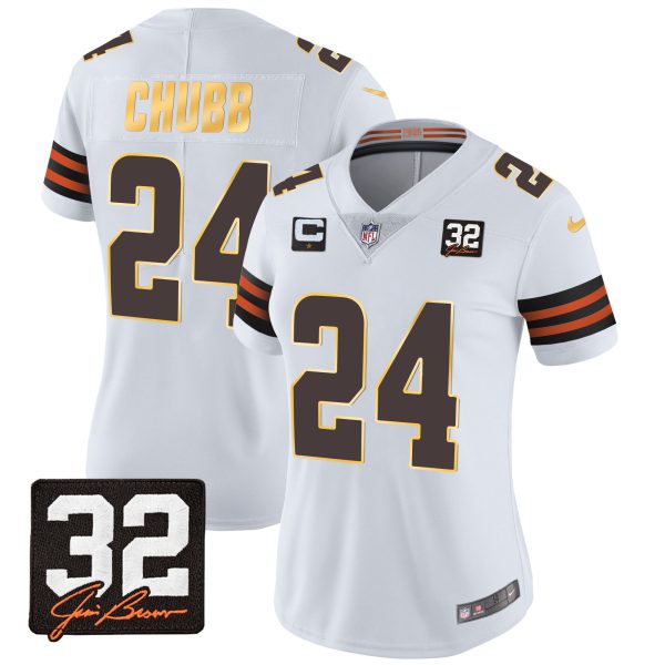 Women's Browns #32 Jim Brown Memorial Patch Gold Trim Jersey - All Stitched - Image 16