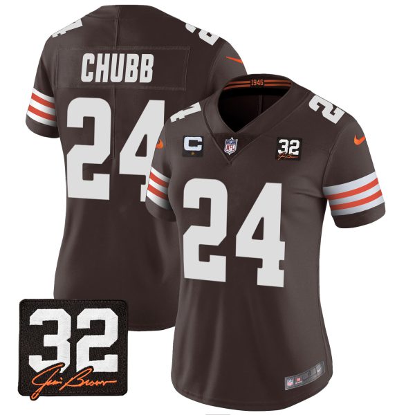 Women's Browns #32 Jim Brown Memorial Patch Jersey - All Stitched - Image 8