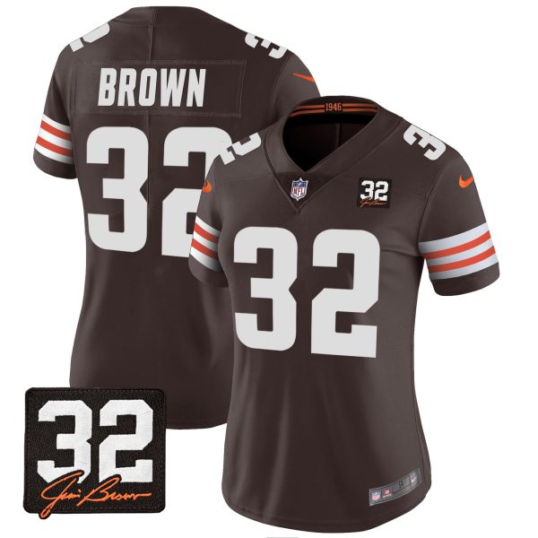 Women's Browns #32 Jim Brown Memorial Patch Jersey - All Stitched - Image 10