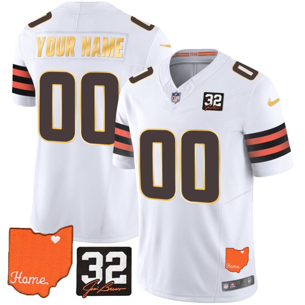Men's Browns #32 Jim Brown Memorial & Home Patch Gold Trim Custom Jersey - All Stitched - Image 3