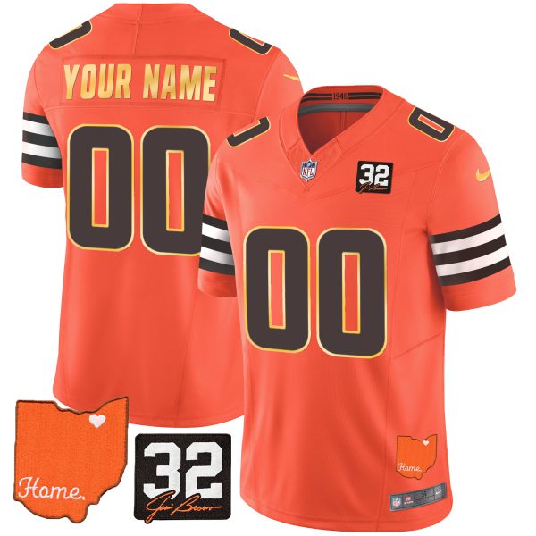 Men's Browns #32 Jim Brown Memorial & Home Patch Gold Trim Custom Jersey - All Stitched - Image 4