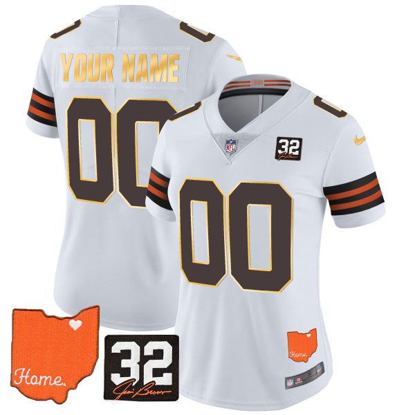 Men's Browns #32 Jim Brown Memorial & Home Patch Gold Trim Custom Jersey - All Stitched - Image 7