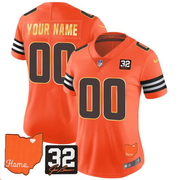 Men's Browns #32 Jim Brown Memorial & Home Patch Gold Trim Custom Jersey - All Stitched - Image 8