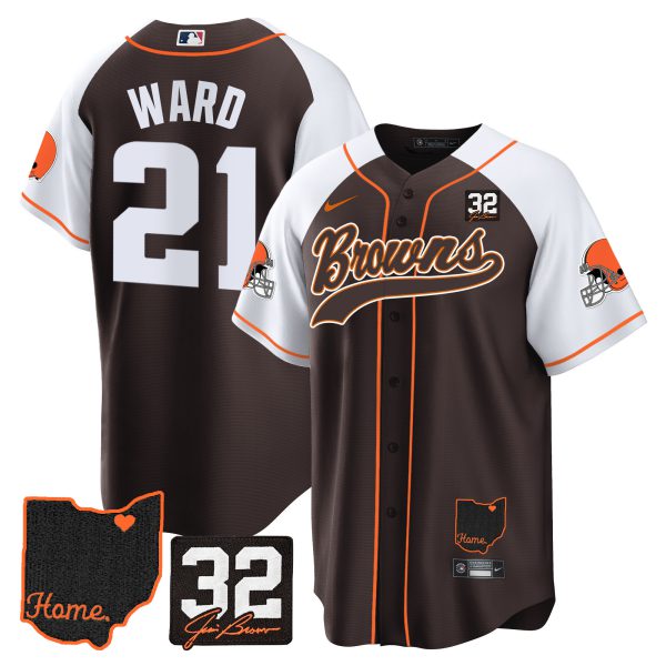 Men's Browns #32 Jim Brown Memorial & Home Patch Baseball Jersey V2 - All Stitched - Image 6