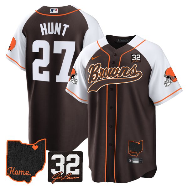 Men's Browns #32 Jim Brown Memorial & Home Patch Baseball Jersey V2 - All Stitched - Image 7