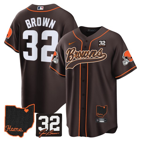 Men's Browns #32 Jim Brown Memorial & Home Patch Baseball Jersey V2 - All Stitched - Image 13