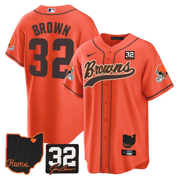 Men's Browns #32 Jim Brown Memorial & Home Patch Baseball Jersey V2 - All Stitched - Image 31