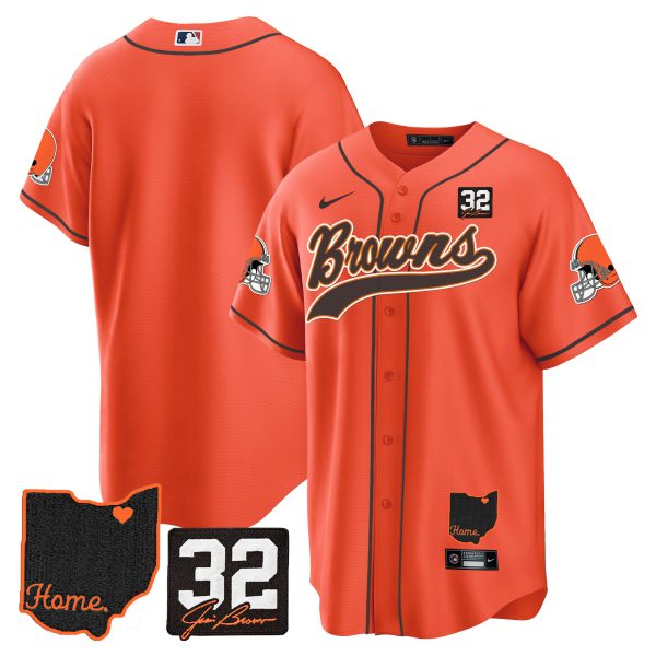Men's Browns #32 Jim Brown Memorial & Home Patch Baseball Jersey V2 - All Stitched - Image 36