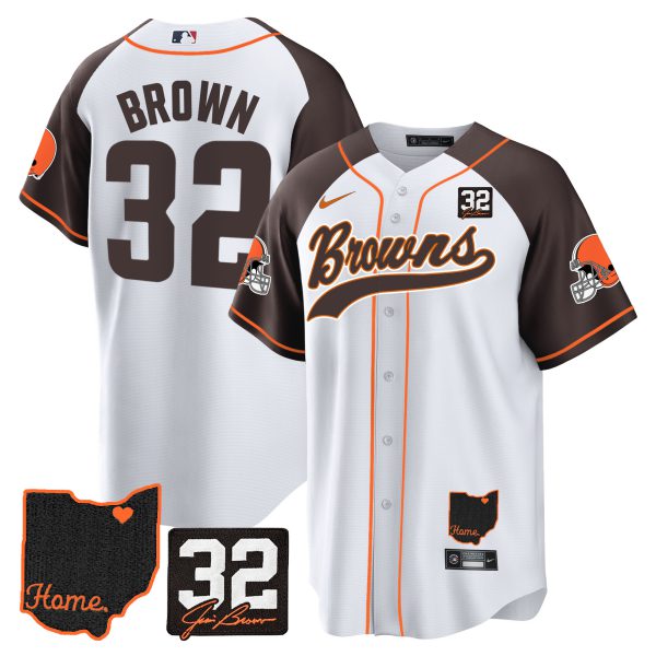Men's Browns #32 Jim Brown Memorial & Home Patch Baseball Jersey V2 - All Stitched - Image 40