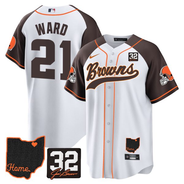 Men's Browns #32 Jim Brown Memorial & Home Patch Baseball Jersey V2 - All Stitched - Image 42