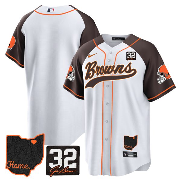 Men's Browns #32 Jim Brown Memorial & Home Patch Baseball Jersey V2 - All Stitched - Image 45