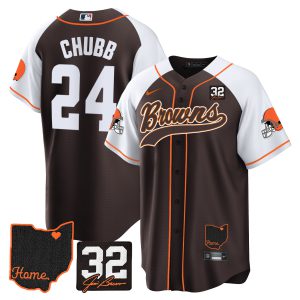 Men's Browns #32 Jim Brown Memorial & Home Patch Baseball Jersey V2 - All Stitched