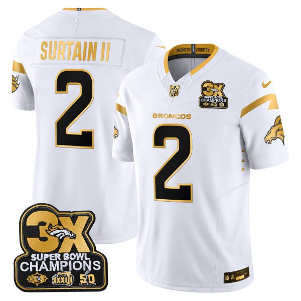 Men's Denver Broncos 3-Time Champions Patch Gold Vapor Limited Jersey - All Stitched - Image 9