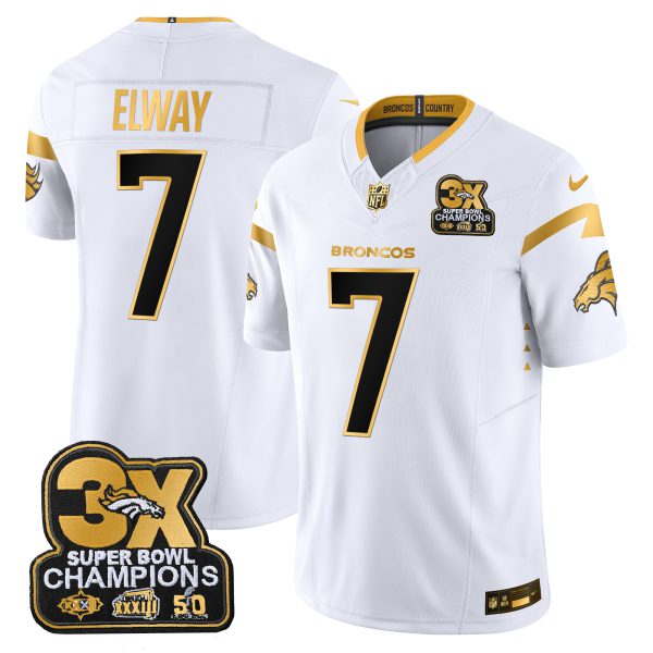 Men's Denver Broncos 3-Time Champions Patch Gold Vapor Limited Jersey - All Stitched - Image 13