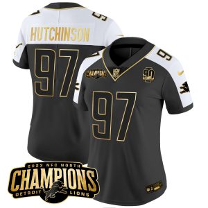Women's Detroit Lions 2023 NFC North Champions Patch Gold Vapor Jersey V2 - All Stitched