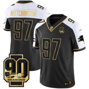 Men's Detroit Lions 90th Year Patch Gold Jersey - All Stitched