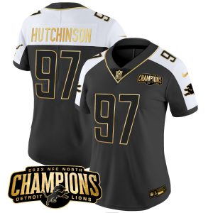 Women's Detroit Lions 2023 NFC North Champions Patch Gold Vapor Jersey - All Stitched