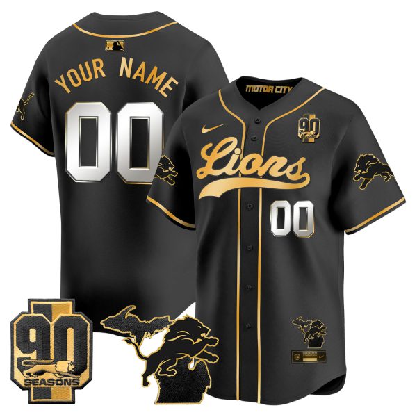 Detroit Lions 2024 Michigan & 90th Season Patch Gold Baseball Custom Jersey - All Stitched - Image 2
