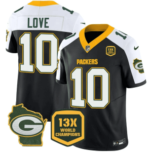Jordan Love Packers 13 Time World Champions & Home Patch Black Alternate Jersey - All Stitched